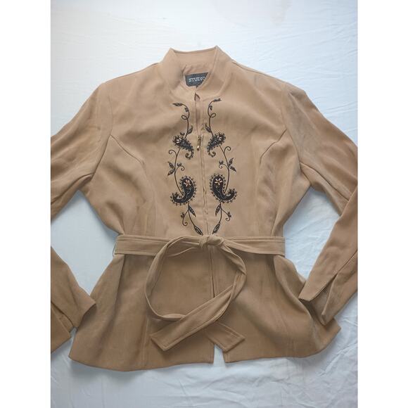 Women Size 12 Faux Suede Open Front Jacket Embroidered Western Boho Paisley Belt - Picture 1 of 5